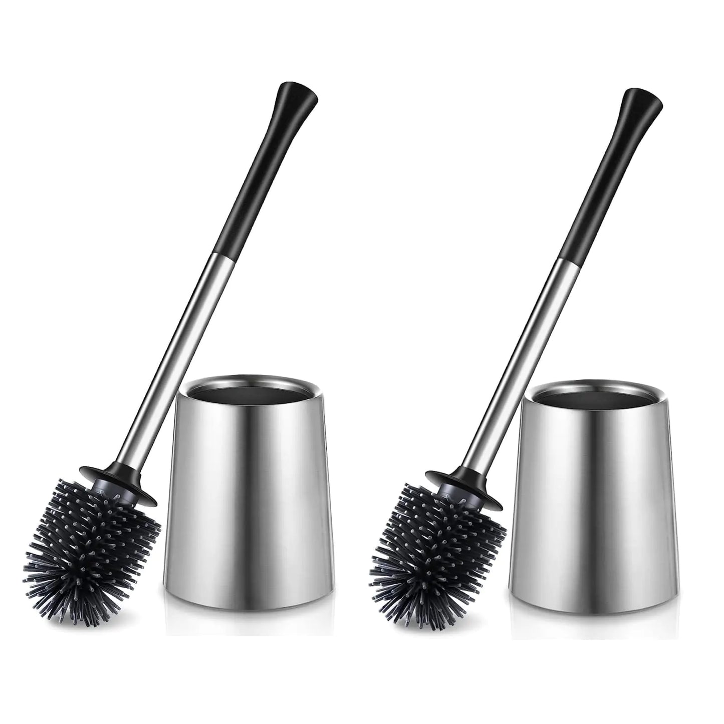 HAMITOR Toilet Bowl Brush Holder Set: 2Pack Silicone Stainless Steel Deep Cleaning Toilet Cleaner Brush for Bathroom Restroom - Compact Modern Rv Toilet Scrubber Accessories with Caddy