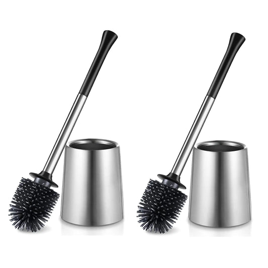 HAMITOR Toilet Bowl Brush Holder Set: 2Pack Silicone Stainless Steel Deep Cleaning Toilet Cleaner Brush for Bathroom Restroom - Compact Modern Rv Toilet Scrubber Accessories with Caddy