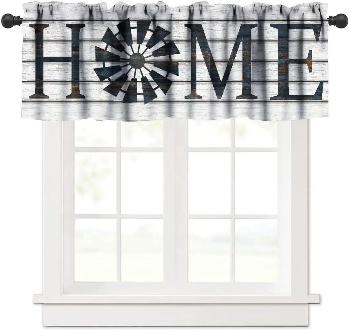 Retro Windmill Valance Curtain Rustic Farmhouse Wood Grain Country Style Print Rod Pocket Blackout Window Valance for Kitchen Cafe Living Room Bathroom 54x18in