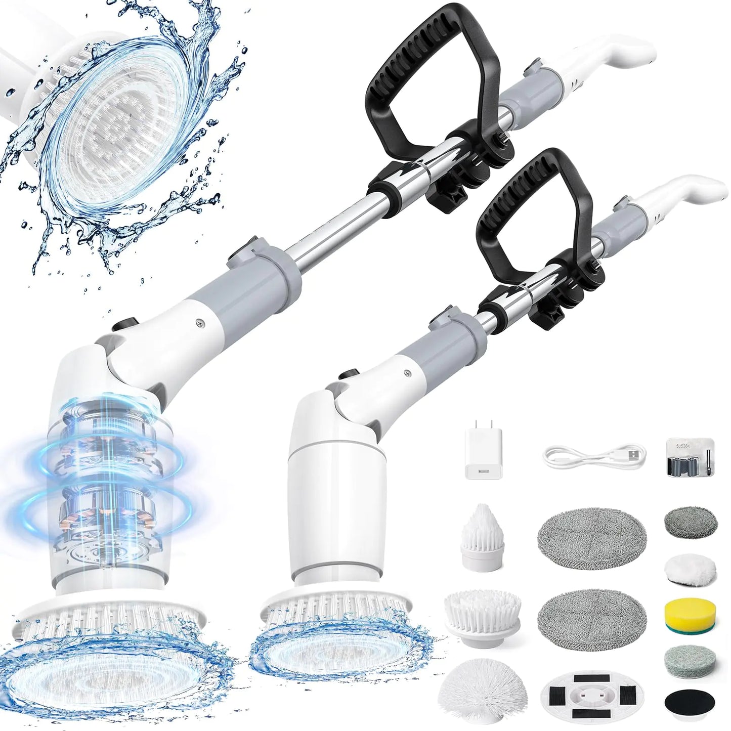 StarVal Electric Spin Scrubber Cordless Cleaning Brush Shower Scrubber Up to 550 RPM with 9 Replaceable Brush Heads Bathroom Scrubber Adjustable Extension Handle for Bathroom Tub Kitchen Car (Grey)