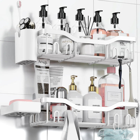 NESOMI Shower Caddy Adhesive Shower Organizer Bathroom Shower Shelves Shelf for Inside Shower Storage with Soap Dish&16 Hooks Rustproof Stainless Steel No Drilling Rack Home Decor 2 Pack White