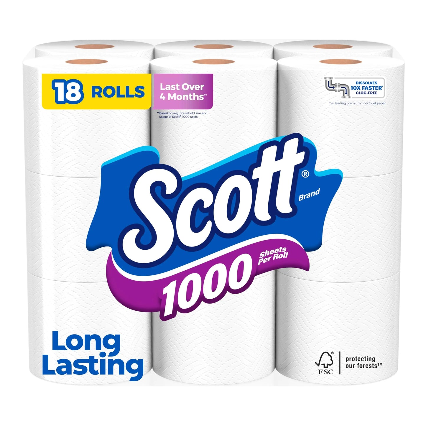 Scott 1000 Toilet Paper 18 Rolls Septic-Safe 1-Ply Toilet Tissue